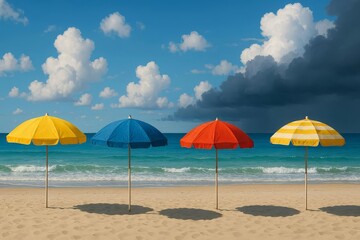Colorful beach umbrellas lined up along a sandy shore with a dark sky in the background hinting at an approaching storm