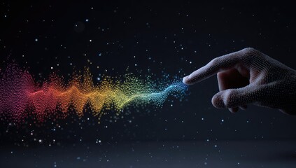 A hand, rendered in a pointillist style, reaches toward a rainbow-hued, particle wave undulating through dark space, suggesting connection or interaction with digital data