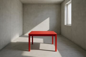 Bright red table placed in a minimalist gray room with soft natural light pouring through the window