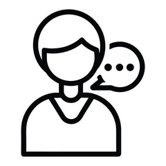 Black outline icon of a person with speech bubble and dots talking communication