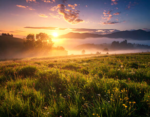 Golden Sunrise Over Misty Meadow