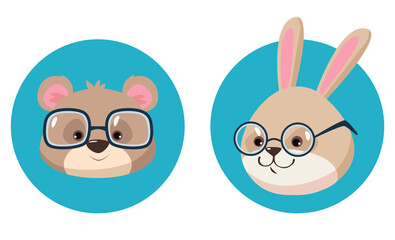 Animals, cat, rabbit, bear, dog in eyeglasses heads isolated set. Vector design graphic illustration