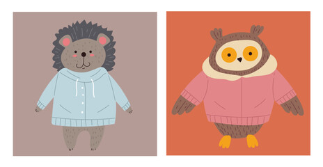 Autumn animals, owl, fox, bear, hedgehog wearing warm cloth isolated set. Vector design graphic illustration
