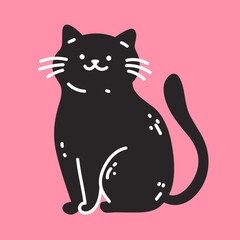 Black cat on pink background line art outline simple isolated concept. Vector design graphic illustration