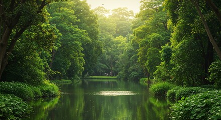 Obraz premium Majestic sunlight pierces through the verdant canopy, illuminating a tranquil river flowing deep within an untouched, vibrant rainforest, showcasing nature's pristine beauty and serene ecosystem