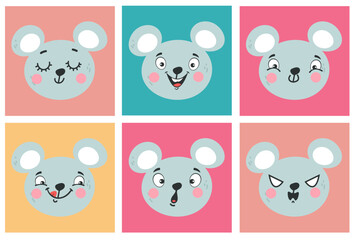 Mouse heads with different emotions line art outline simple isolated set. Vector design graphic illustration