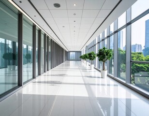 Modern hallway with glass windows and greenery in a corporate building during daytime