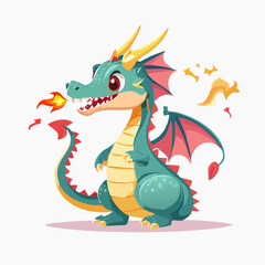 Fototapeta premium Dragon mignon qui crache du feu, coloré, naïf, enfantin, fond blanc