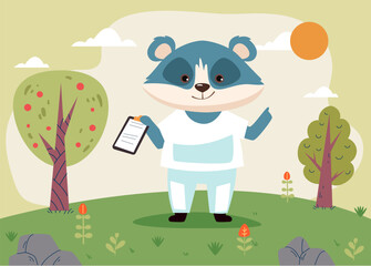 Animals bear, raccoon doctors on forest meadow concept. Vector design graphic illustration