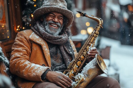 Man playing saxophone in the snow.