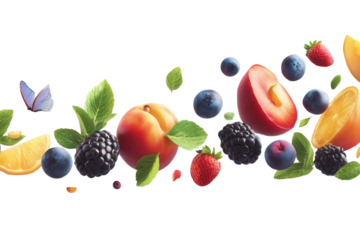 Floating Summer Fruits with Butterfly on Black Background