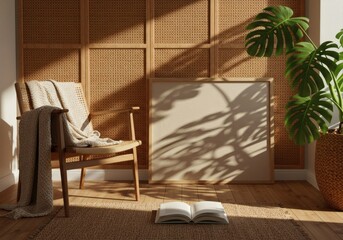 Sun-drenched Japandi Reading Nook with Monstera Shadows on a Rattan Screen and Blank Frame.