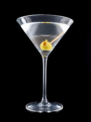 A clear martini is served in a stylish glass, showcasing its smooth texture and garnished with a single olive. The background is solid black, highlighting the drink's colors and elegance