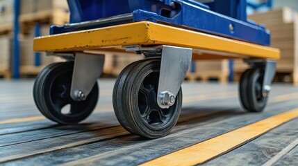 Industrial hand truck wheels on warehouse floor