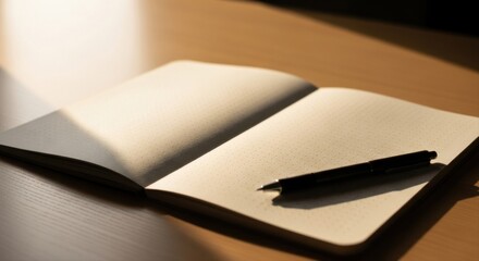 Open dotted notebook with blank pages and a pen resting on it under soft warm lighting indoors