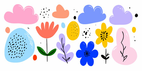 Abstract flora clouds, flowers, shapes, & dots on white