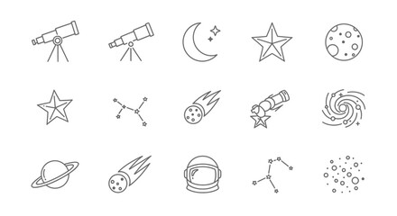 Collection of Celestial and Astronomical Icons in Outline Style.