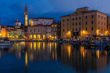 Piran, Slovenia. Aerial view of Piran old city on Adriatic Sea, Saint George church spire