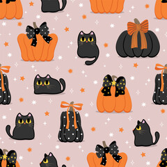 Happy halloween seamless pattern and background with elegant pumpkin with bows and cute black cats. Holidays cartoon character wallpaper.