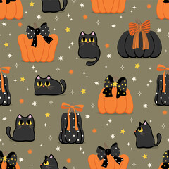 Happy halloween seamless pattern and background with elegant pumpkin with bows and cute black cats. Holidays cartoon character wallpaper.