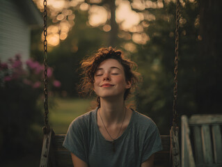 Young woman with curly hair sitting on wooden swing in backyard, eyes closed, smiling peacefully, surrounded by greenery and warm sunset light, relaxed mood