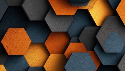 Abstract geometric pattern of layered hexagons in various shades of orange and dark gray