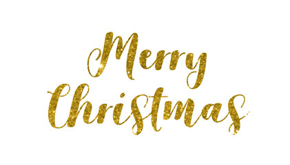 Gold sparkly text saying Merry Christmas on a white background.