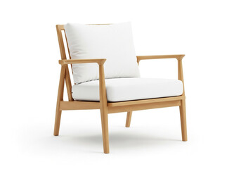 Modern wooden armchair with white cushion isolated on white background