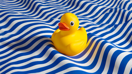 Classic Yellow Rubber Duck Floating on Blue and White Striped Fabric Waves with Hard Shadows
