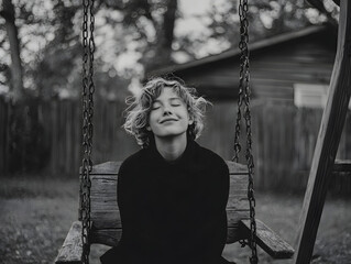 Young person with curly hair sitting on wooden swing in backyard, eyes closed and smiling peacefully, surrounded by trees and wooden fence, black and white photo