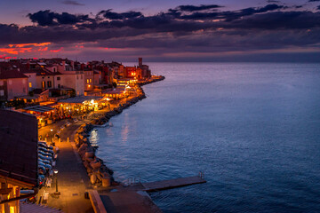 Naklejka premium Piran, Slovenia. Aerial view of Piran old city on Adriatic Sea, Saint George church spire