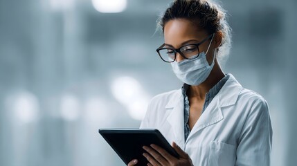 A focused medical professional wearing a face mask and glasses intently examines data on a digital tablet in a bright modern laboratory setting