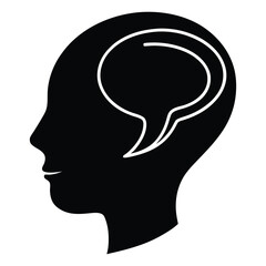 Black silhouette of a human head with a white speech bubble inside head silhouette
