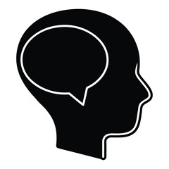 Black silhouette of a human head with a white outline speech bubble inside head silhouette