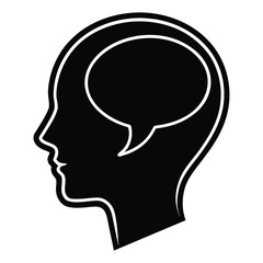 Black silhouette of human head profile with white speech bubble inside vector