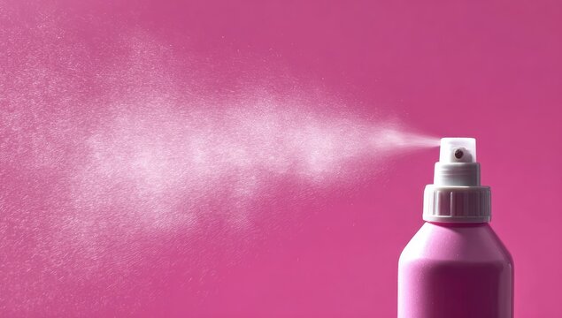 Pink spray bottle releasing mist against a vibrant pink background