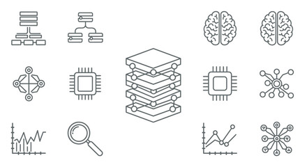 Collection of Thin Line Icons Representing Data and Technology Concepts.