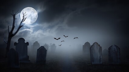 Spooky halloween cemetery scene with full moon and bats flying over gravestones