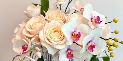 Opulent ivory roses & cascading orchids, crystal accents,  texture,   close-up