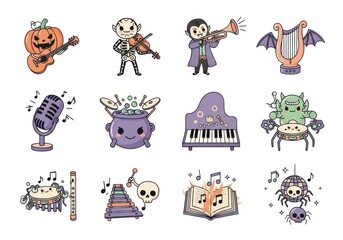 Halloween characters and objects playing musical instruments and making music pumpkin guitar
