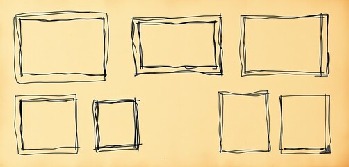 Rustic, unevenly-drawn frames in various shapes and sizes, sketched on aged paper,  border, frames