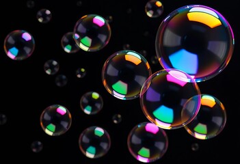 Shimmering iridescent soap bubbles floating on a dark background,  close-up,  dark background