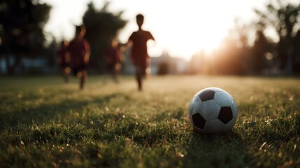 Fototapeta premium Silhouettes of children playing soccer on a grassy field during a warm golden sunset