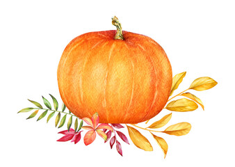 Floral design with watercolor hand drawn colorful autumn leaves and a pumpkin isolated on white background