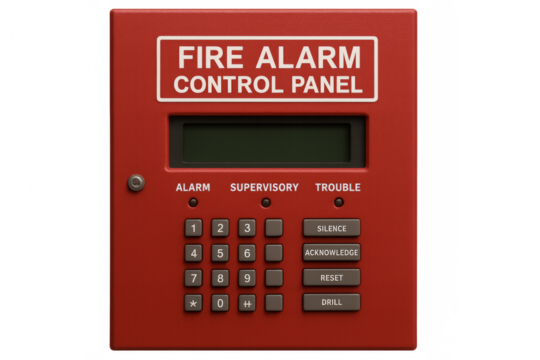 Fire alarm control panel with keypad and screen