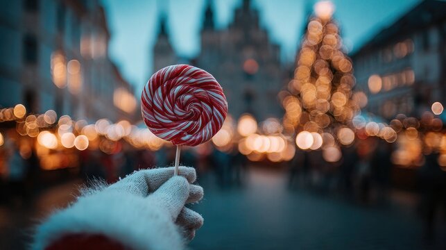 A hand in a white glove holds a red and white striped lollipop. In the background, a Christmas tree and festive lights are visible, creating a holiday atmosphere. - Powered by Adobe