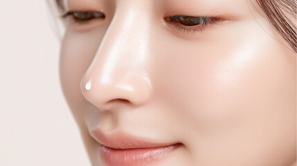 Fototapeta premium Ultra macro close up of Asian female nose tip with smooth glowing skin and natural makeup, showing healthy skin texture and soft light reflection on face