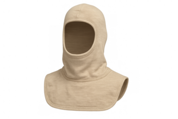 Beige balaclava headwear providing winter face protection