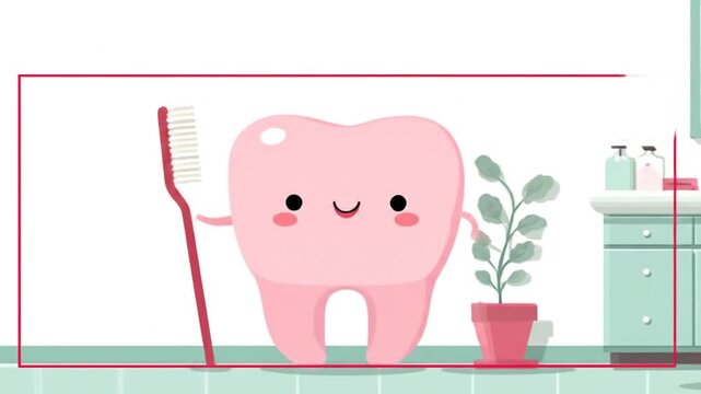 Animated tooth character with dental tools and bathroom interior