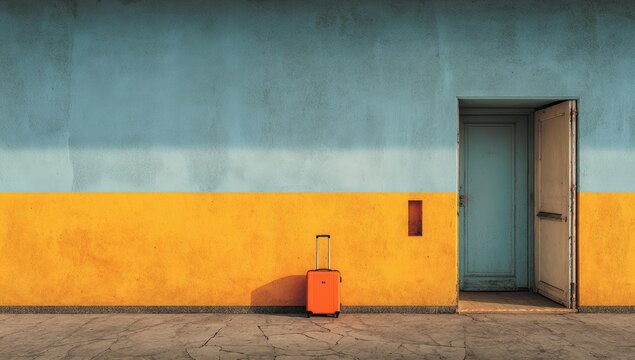 Orange suitcase against a wall with a door - Powered by Adobe
